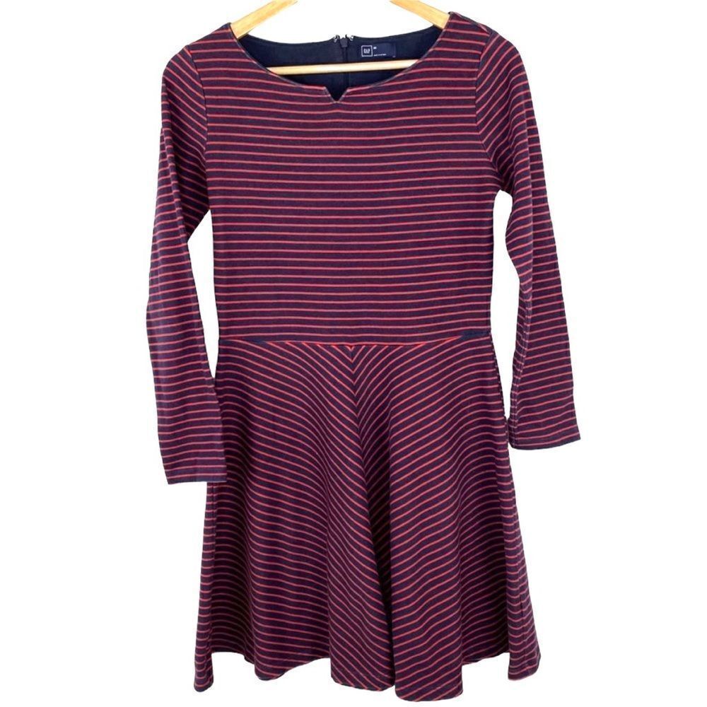 Gap long sleeve red navy stripe skater dress sz 6